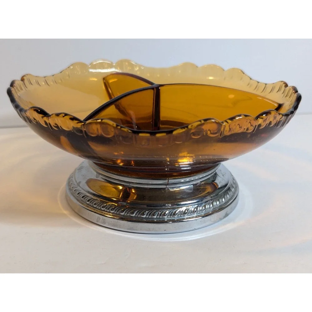 Vintage Farber Bros Krome Kraft  Glass Divided Dish Bowl Amber‎